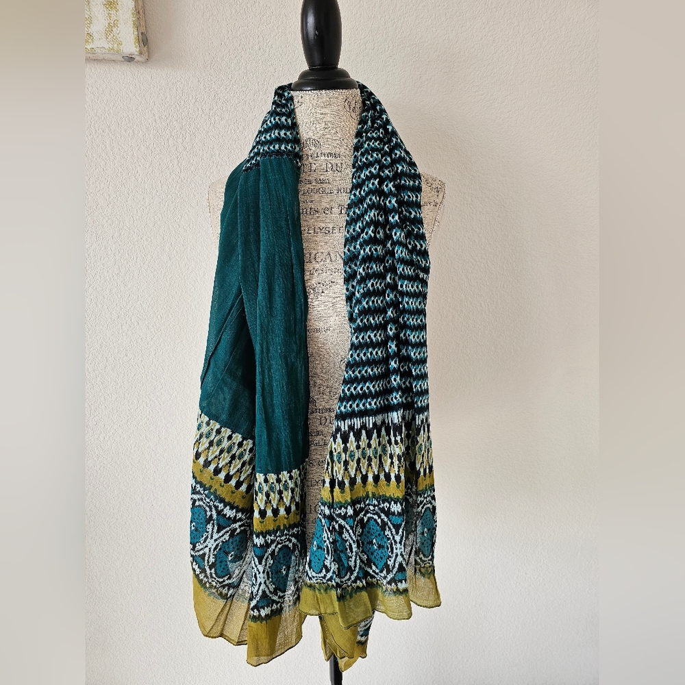 Hinge Teal and Yellow Patterned Wide Wrap Scarf Cotton Scarf